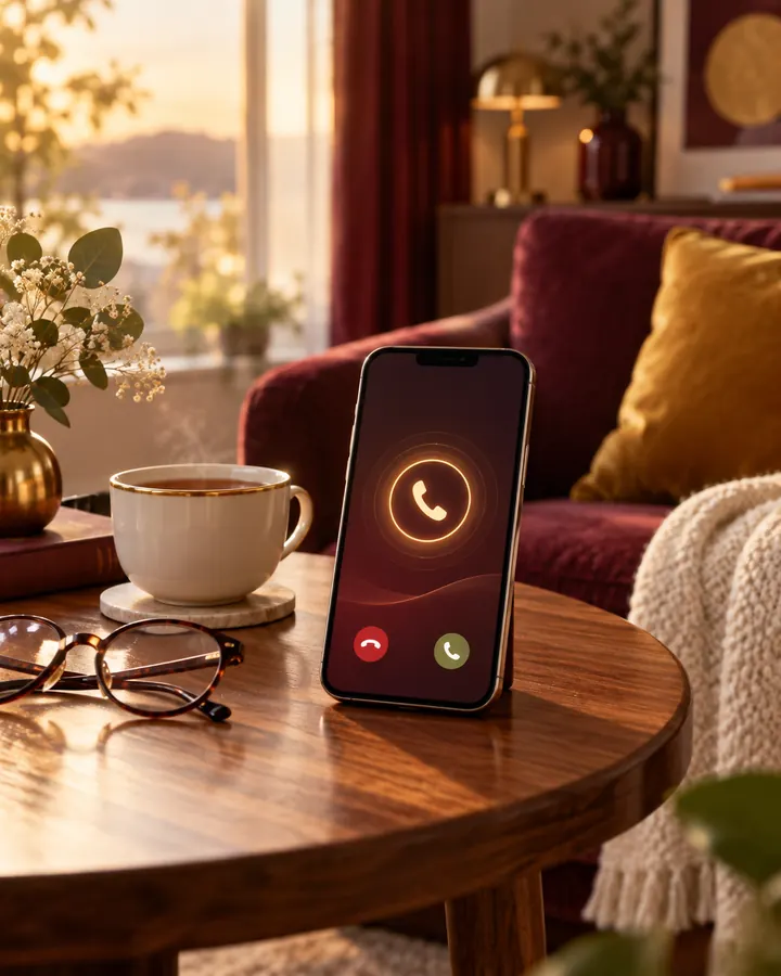 A smartphone on a living room table showing an incoming call