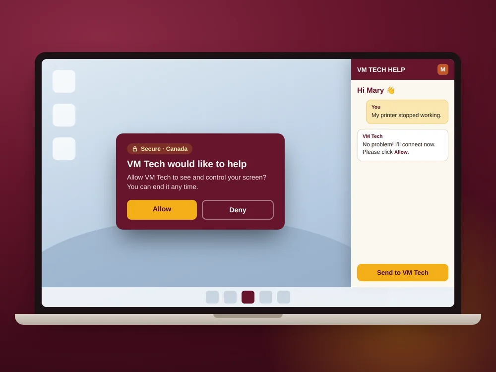 The VM Tech Help window on the side of a laptop screen, with a box asking the client to Allow or Deny remote help