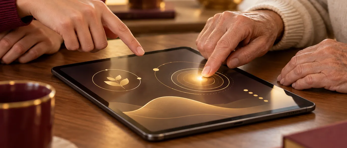 A younger hand helping an older hand use a tablet